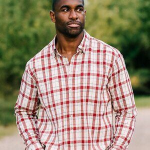 Daniel Cremieux Collection Men L Burgundy & Green Plaid Long Sleeve Button Shirt